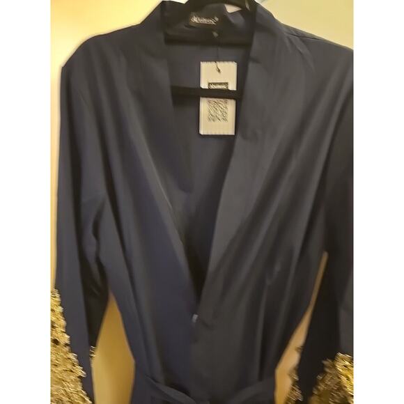 Abaya Gold Lace Embroidery Navy Blue Open Dress With Sash By Abetteric - Picture 4 of 5